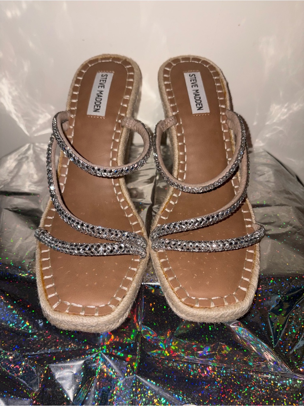 Steve Madden Silver Rhinestone Triple-Strap Espadrille Sandals